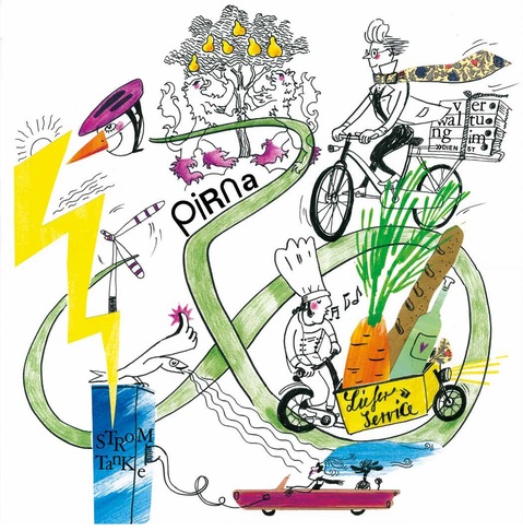 Cartoon nachhaltige Mobilität in der Stadt Pirna, Ausbau Radwege und Elektromobilität