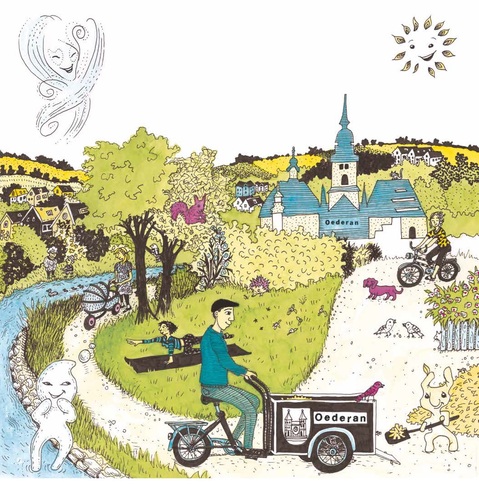 Cartoon umweltbewusst leben in der Stadt Oederan, Fahrradwege, Grünlagen