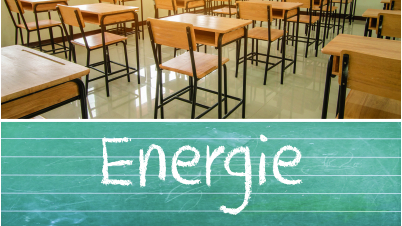 Klassenzimmer mit Stühlen und Tafel, Sonnenschein, mit Text Energie