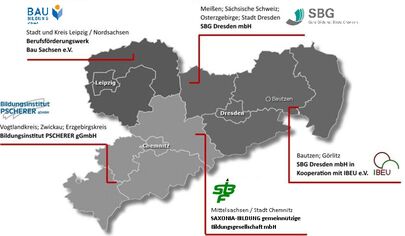 Landkarte Sachsen mit Kompetenzzentren